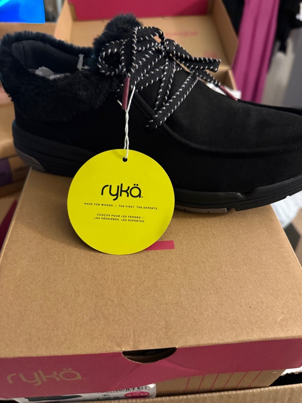 Ryka Black Suede Lace-Up Fur-Trim Walking Shoe